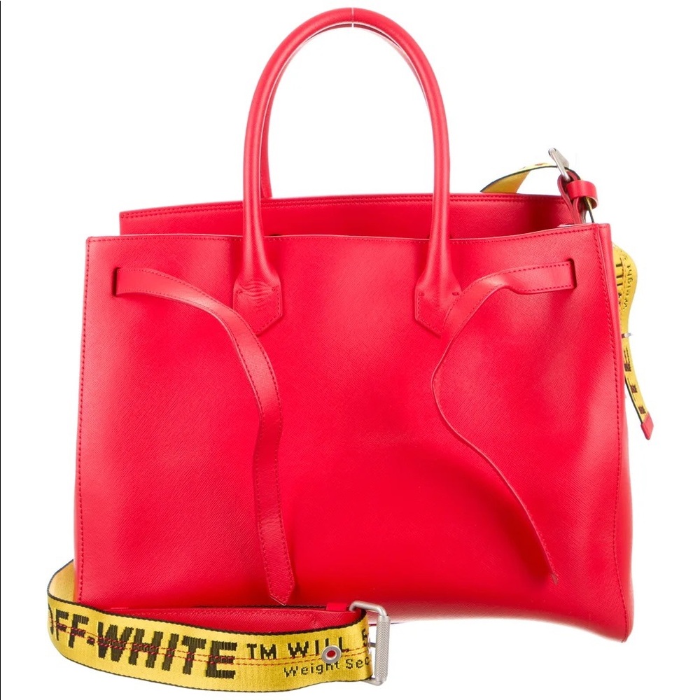 Red crosshatch leather Off-White tote with pouch
